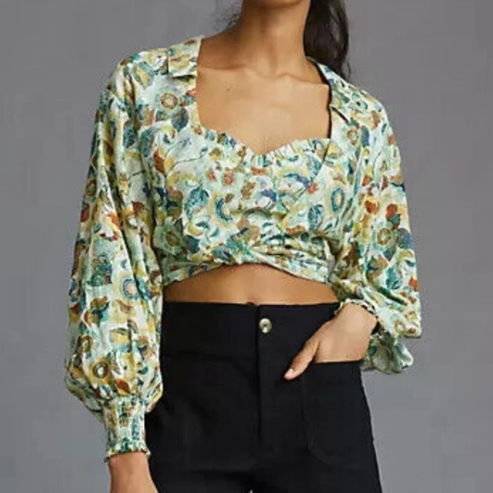 Anthropologie Twist Crop Top Smocked
Floral Printed Wrap Blouse 2pc cotton - Picture 1 of 7